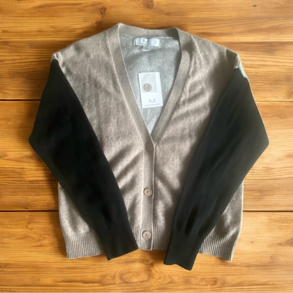 M Magaschoni Black and Tan Women's Cardigan Sweater